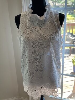 Crown & Ivy White Floral Lace Ruffle-Neck Sleeveless Blouse